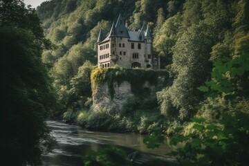 Fototapeta na wymiar A captivating riverside castle amidst verdant foliage. Generative AI