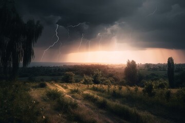 Naklejka na ściany i meble A dark and stormy sky with lightning and sun peeking through. Generative AI