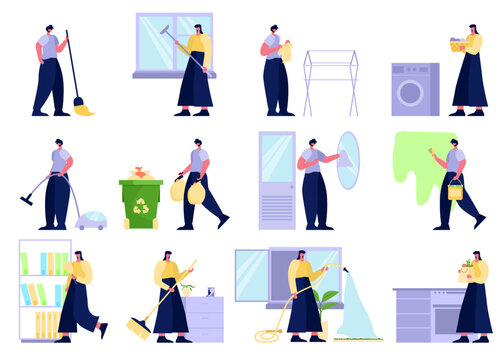 Collection of couple doing housework. Set of men, women (husband, wife)