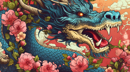 Chinese dragon illustration among flowers
