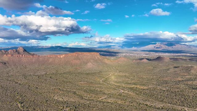 Aerial view of Mt Kimball and Mt Lemmon in Santa Catalina Mountains with Sonoran Desert landscape from Tucson Mountain District in Saguaro National Park in city of Tucson, Arizona AZ, USA. 