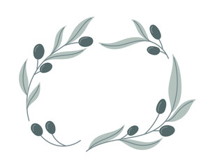 Obraz premium Frame of flat olive branches with leaves and berries. Vector isolated plant wreath.