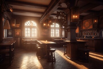 Dim medieval pub with sunlight, shield motifs, burning hearth. 3D render. Generative AI