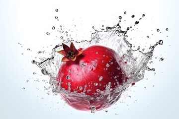 Fototapeta na wymiar Pomegranate and splashes of water on a white background. AI generative.