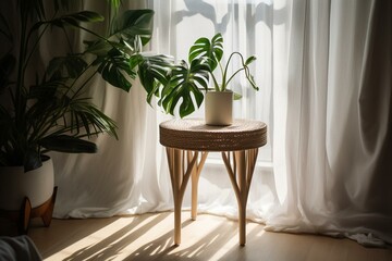 Round white wooden side table with tropical plant and natural light casting leaf shadows on white curtain. Ideal product display background for organic, luxury and health items. Generative AI