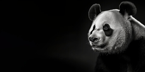 Black and white photorealistic studio portrait of a Giant Panda bear on black background. Generative AI illustration