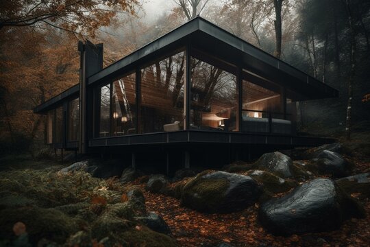 An image of a sleek cabin nestled in the woods. Generative AI