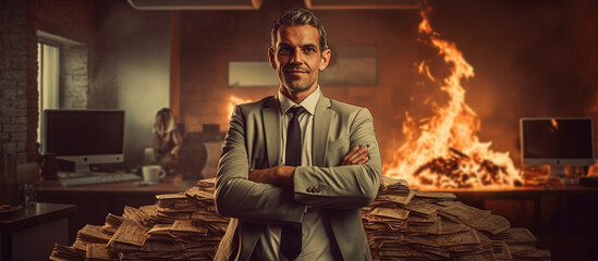 A businessman in front of a fire in an office. Corporate greed, financial collapse, destruction and excess. Generative AI. - obrazy, fototapety, plakaty