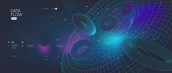 Database organization visualization analytics and statistics of digital information, innovative processing and analysis of big data stream, vector wireframes 3d geometric shapes