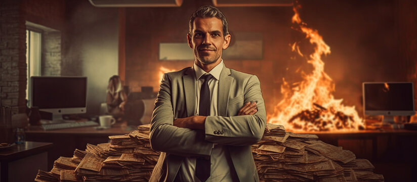 A businessman in front of a fire in an office. Corporate greed, financial collapse, destruction and excess. Generative AI.