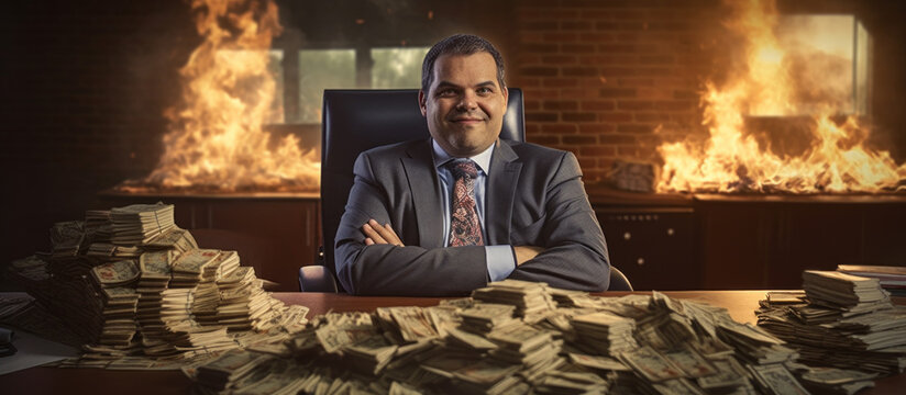 A businessman in front of a fire in an office. Corporate greed, financial collapse, destruction and excess. Generative AI.