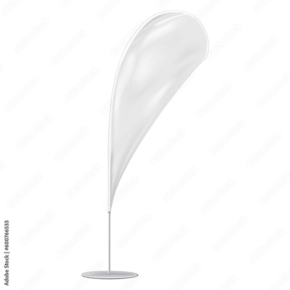 Wall mural white blank bow teardrop flag realistic vector mockup. tear drop banner with round metal base mock-u