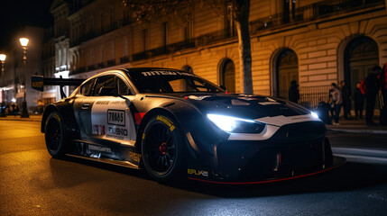 Racecar on street at night