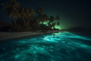Fototapeta na wymiar blue ocean tropical vacation paradise tree luminous palm night sky beach. Generative AI.