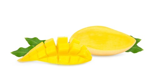 Naklejka na ściany i meble Mango fruits with slices and leaves isolated on white background.