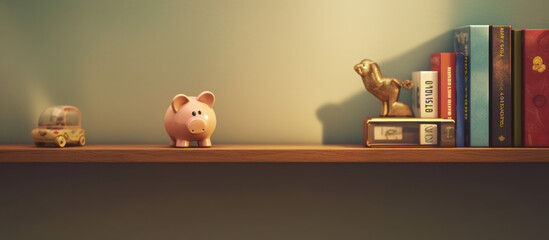 A Piggy Bank sitting on a shelf, finance and savings. Generative AI