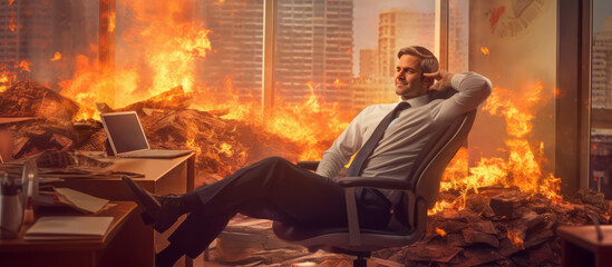 A businessman in front of a fire in an office. Corporate greed, financial collapse, destruction and excess. Generative AI.