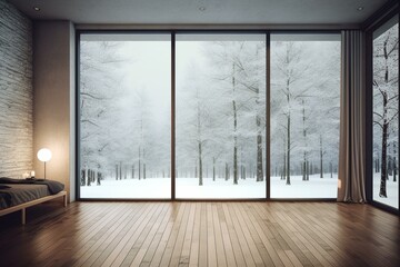 Illustrated room with a snowy forest view through window and wooden floor. Generative AI