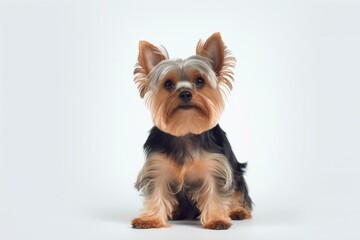 A Yorkie seated on a white background. Generative AI