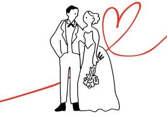 結婚式のカップルのイラスト（白の塗りがある線画）