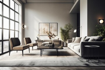 Minimalist luxury living room in modern apartment. Rendered in 3D. Generative AI