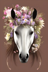Close-up portrait of a beautiful, graceful horse on a gray background. Photography in the style of Vogue. postcard. generative AI	
