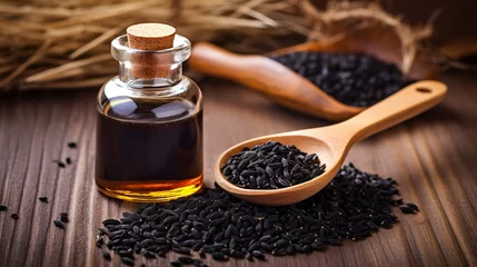 Fotobehang glass bottle of black cumin seeds essential oil , black cumin in spoon on wooden background.  Generative AI © Julia