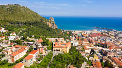 Naklejka na ściany i meble Aerial view of Sant'Angelo mountain and the port of Terracina, near Rome, in the Province of Latina, Italy. In foreground is the town.