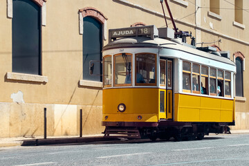 Plakat Vintage yellow tram. Ajuda, Lisbon, Porto, Portugal
