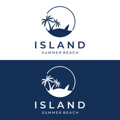 Beach summer vacation creative logo template with waves, palm trees and surf board symbols in retro style.Emblem,label, poster,badge.