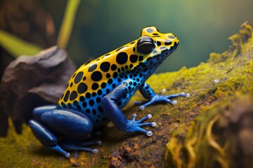 Fototapeta premium blue yellow jungle frog with spots in the jungle, generative ai