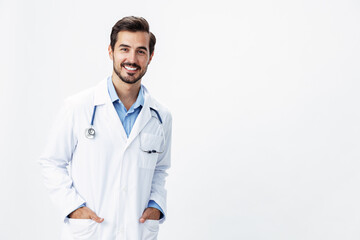 Man doctor in a white coat with a stethoscope smile with teeth and good test results looking into the camera on a white isolated background, copy space, space for text, health