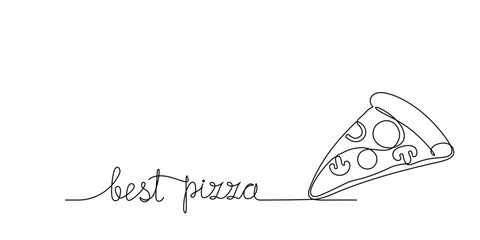 One continuous line drawing of pizza slice and lettering editable stroke. Single line of fast food, street food for restaurant menu, poster, banner simple linear style. Pepperoni sketch illustration