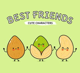 Cute, funny happy almonds, pistachio and cashews nut. Vector hand drawn cartoon kawaii characters, illustration icon. Funny happy cartoon almond, pistachio and cashew nut mascot friends concept
