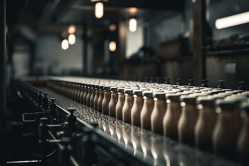 Milk processing line with drinks on conveyor belt. Generative AI