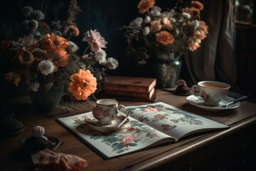 Naklejka na ściany i meble A floral book on a table near coffee, saucer, spoon, and napkin. Generative AI