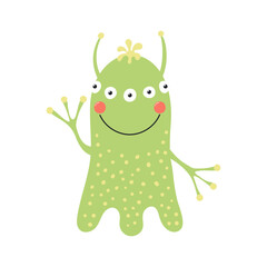 Cute funny alien waving cartoon character illustration. Hand drawn Scandinavian style flat design, isolated vector. Kids print element, space adventure, travel, science fiction, cosmos