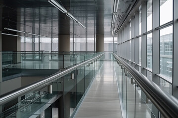 Glass transparent fence with stainless steel handrails and metal ceiling with pipelines, lighting and ventilation systems of modern mall building, created with Generative AI