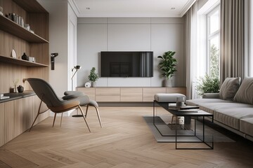 Sleek and simple living room with grey armchair, white TV cabinet, and wooden floors. Generative AI