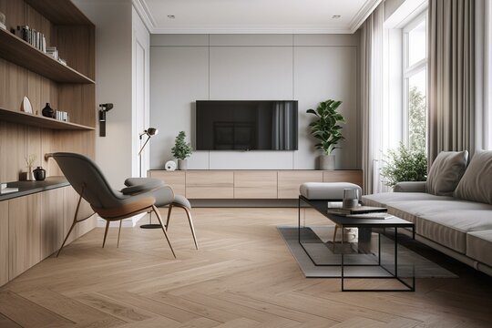 Sleek and simple living room with grey armchair, white TV cabinet, and wooden floors. Generative AI