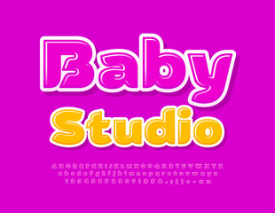 Vector cute Emblem Baby Studio. Pink Glossy Font. Bright Kids Alphabet Letters and Numbers set