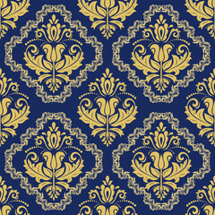 Classic seamless vector pattern. Damask navy blue and golden orient ornament. Classic vintage background. Orient pattern for fabric, wallpapers and packaging