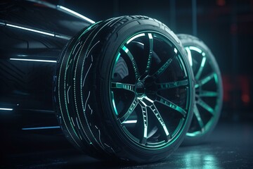 3D futuristic sports car tire concept with wireframe rim intersection. Generative AI