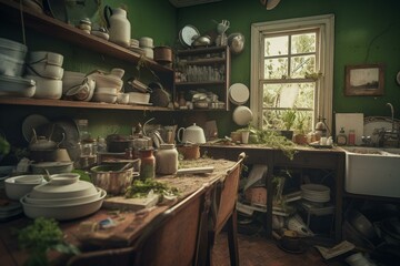 Disorganized kitchen with soiled dishes, scraps, and unpaid bills on green walls. Generative AI