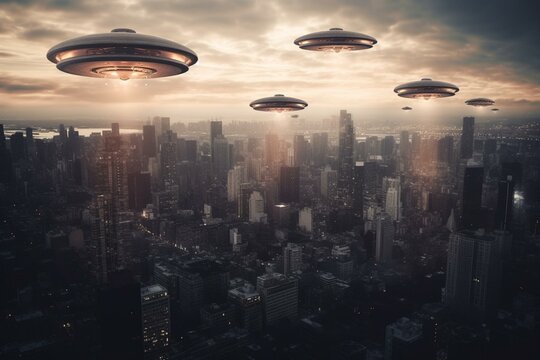 An image of a futuristic city and hovering UFOs. Generative AI