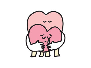 相手を抱きしめて慰めるハート型のキャラクターのイラスト。ケアやサポートのコンセプト