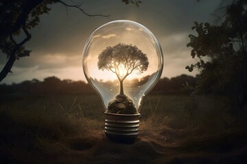 A tree inside a light bulb on a dark background. Ecology concept generative ai