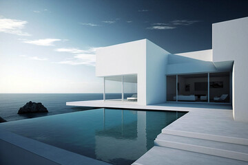 Fototapeta na wymiar Minimalist contemporary residential villa with modern architecture, swimming pool and sea view. Generative AI illustration