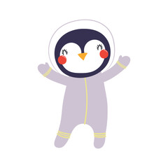 Cute funny penguin astronaut in space suit cartoon character illustration. Hand drawn animal, Scandinavian style flat design, isolated vector. Kids print element, space adventure, travel, science