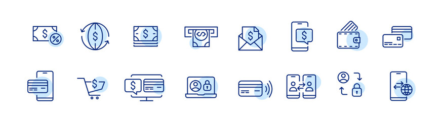 International money transfers, savings, credit and mortgage payments. Banking and finance line icons set